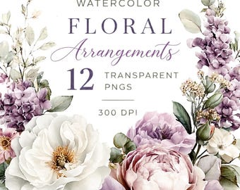 Watercolor Floral Arrangements, 12 Purple & Blush Peony Transparent PNGs