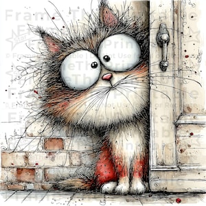 May include: A watercolour illustration of a cat with large eyes peeking from behind a door. The cat has a fluffy coat in shades of brown, white, and red. The background features a brick wall and a white door with a metal handle.