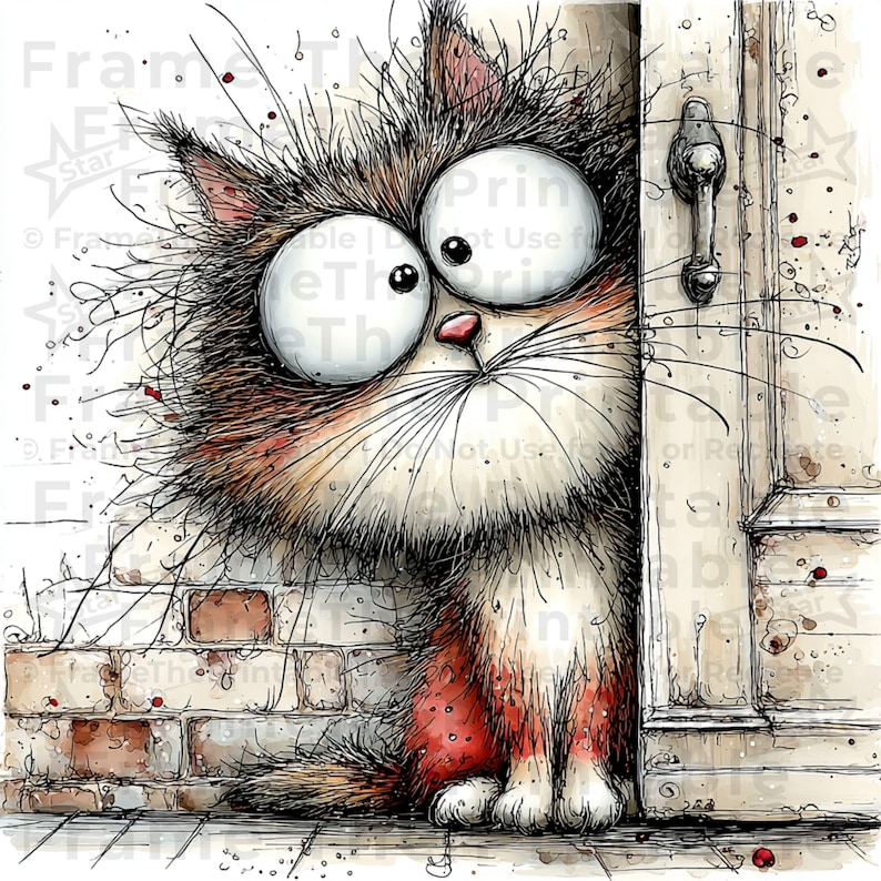May include: A watercolour illustration of a cat with large eyes peeking from behind a door. The cat has a fluffy coat in shades of brown, white, and red. The background features a brick wall and a white door with a metal handle.