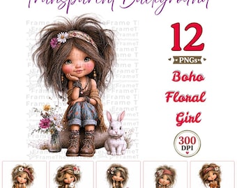 Boho Girl Clipart PNG Bundle, Bohemian Floral Girl Clipart, Whimsical Bunny PNG, Wildflower Girl, Junk Journal, Sublimation, 12 PNG