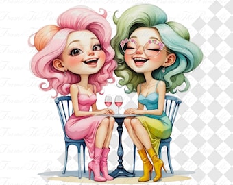 14 imágenes PNG de hermanas peculiares, ideales para diarios creativos, álbumes de recortes y tarjetas. Descarga digital de fantasía, mejores amigas extravagantes y acuarelas vintage.