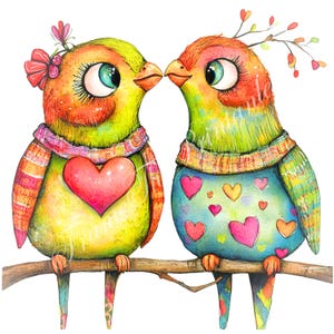 Imágenes prediseñadas de pájaros de San Valentín, pájaros coloridos, animales caprichosos, arte JPG, uso comercial para diario basura, creación de tarjetas, descarga digital.