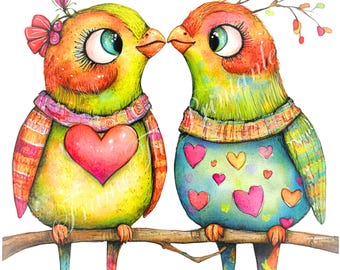 Valentines Vögel lieben Clipart, bunte Vögel, wunderliche Tiere, JPG Kunst, kommerzielle Nutzung Junk Journaling, Kartenherstellung Digital Download Set