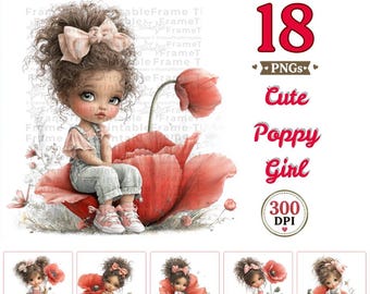 16 Cute Poppy Girl Clipart PNG, Whimsical Watercolor Floral Girl Bundle, Poppy Clipart, Sublimation, Commercial Use