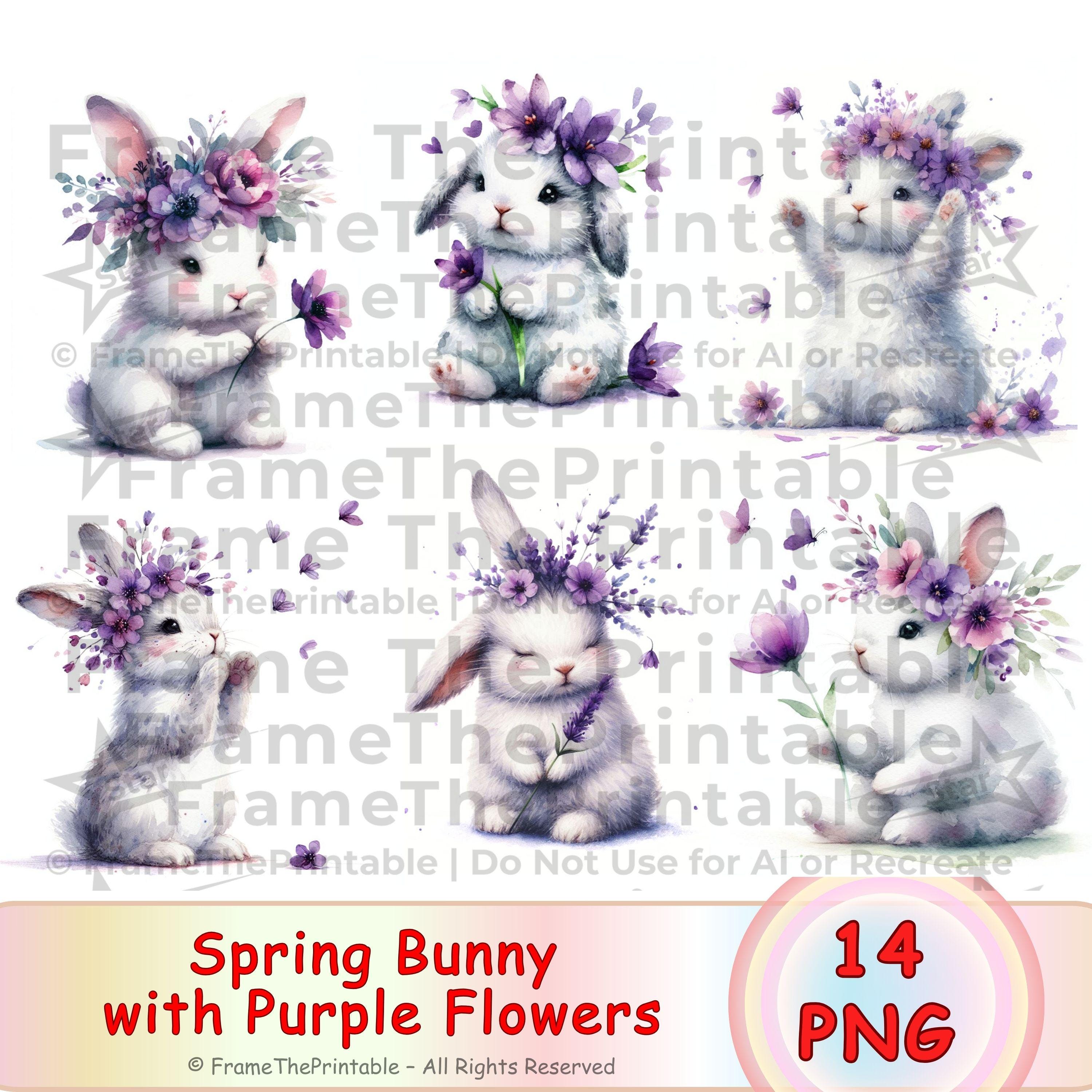 春のうさぎと紫の花の水彩画クリップアート かわいいうさぎの花のPNG