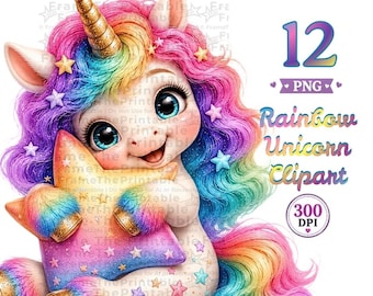 Rainbow Unicorn Clipart PNG Set, Cute Magical Unicorn Bundle, Colorful Unicorn PNG
