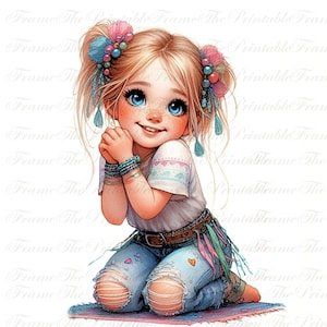 Clipart 10 gelukkige speelse meisjes, grillige eigenzinnige kindwaterverf, schattige bundel digitale kunst, fantasy-dagboek plakboekpapier Craft Pack