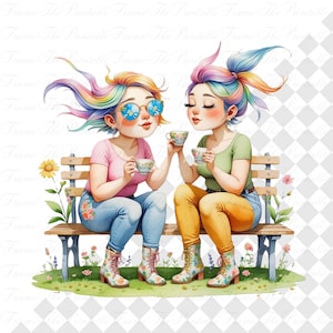12 PNG jardin thé meilleurs amis clipart, filles fantaisistes, journal indésirable, fabrication de cartes de scrapbooking, téléchargement numérique fantastique, dessin animé vintage