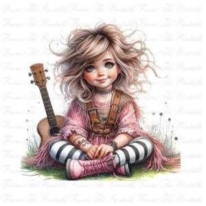 Puede incluir: Ilustración digital de una niña con largo cabello rubio ondulado, pecas y ojos verdes. Lleva un vestido rosa, un arnés de cuero marrón y leggings a rayas. Un ukelele descansa a su lado. La imagen tiene un estilo artístico y caprichoso.