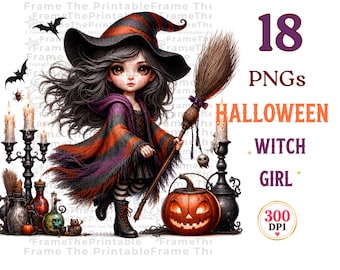 Imágenes prediseñadas de niña bruja de Halloween PNG Linda bruja gótica acuarela para niños 18 PNG Uso comercial