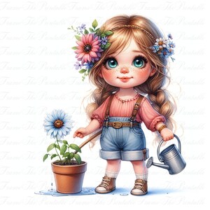May include: A digital illustration of a young girl with long blonde braids, wearing a pink shirt, denim shorts, and brown boots. She holds a watering can and tends to a potted blue flower. Floral headbands and freckles add charm.