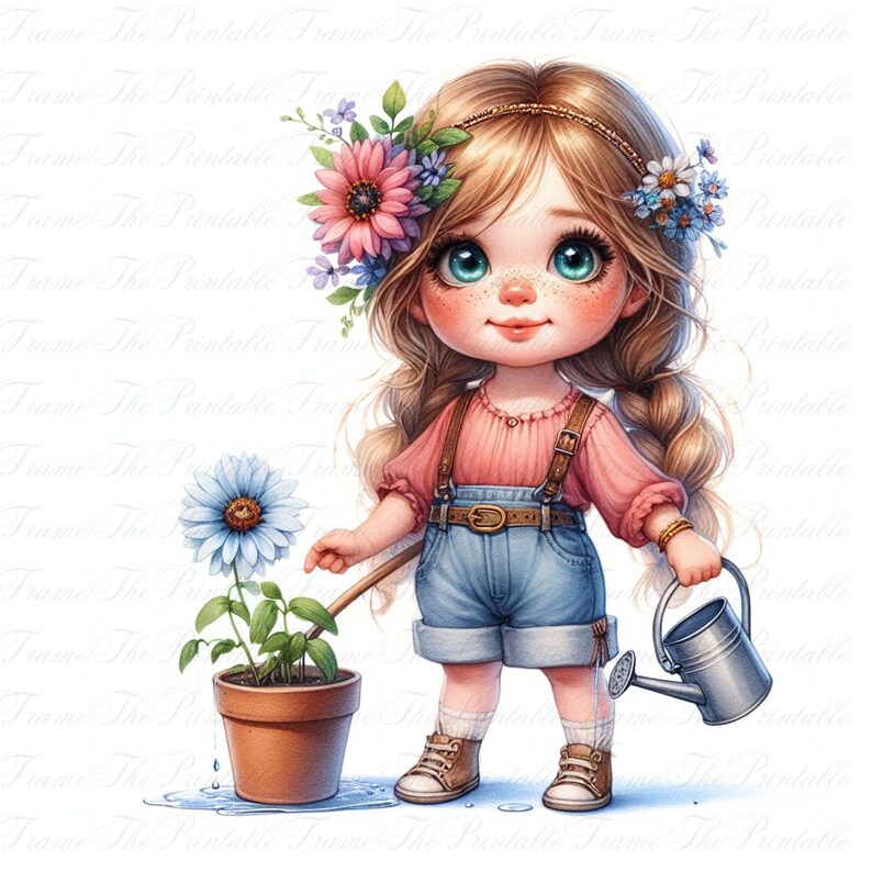 May include: A digital illustration of a young girl with long blonde braids, wearing a pink shirt, denim shorts, and brown boots. She holds a watering can and tends to a potted blue flower. Floral headbands and freckles add charm.