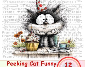 Whimsical Peeking Cat Birthday Clipart, Quirky Funny Party Cats Watercolor Illustrations, 12 PNG Digital Download