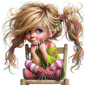 Ragazza stravagante con una sedia Clipart Effimere stravaganti Uso commerciale Acquerello Alta risoluzione Fantasy Junk Journal Carta artigianale Download istantanei