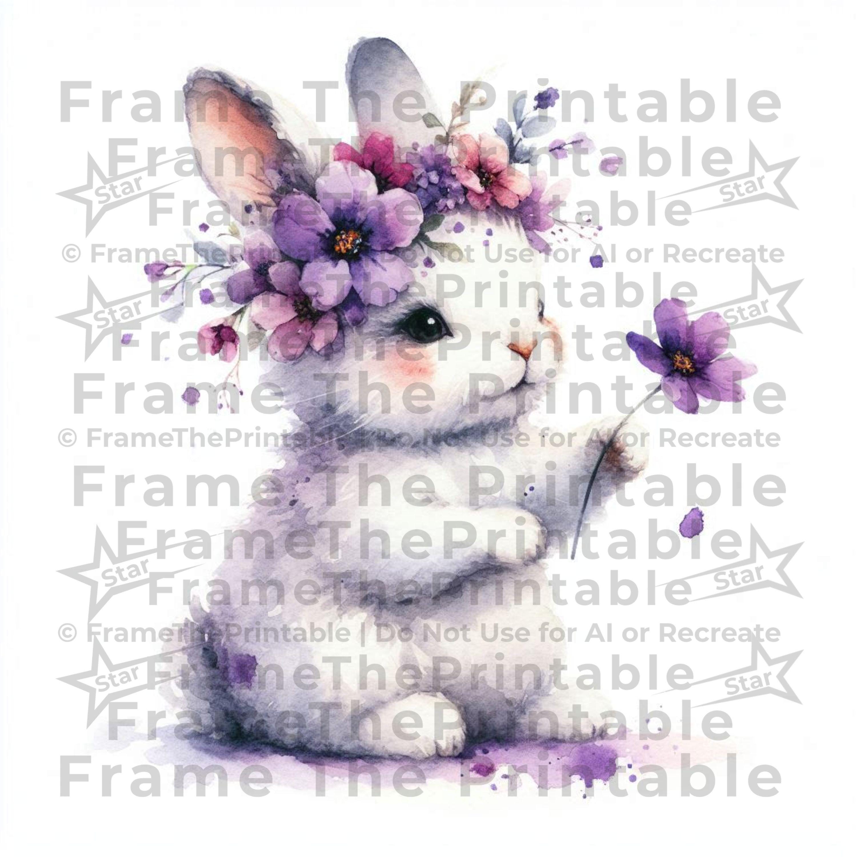 春のうさぎと紫の花の水彩画クリップアート かわいいうさぎの花のPNG