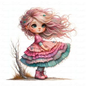 Vestido de niña con volantes, clipart, niña caprichosa PNG, arte infantil 300 DPI, scrapbooking, arte de diario basura, descarga digital, conjunto comercial