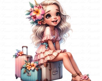 Whimsical Travel Girl Clipart, 10 PNG Images, Tropical Summer Fashion, Cute Vacation Art, Transparent Background, 300 DPI Download