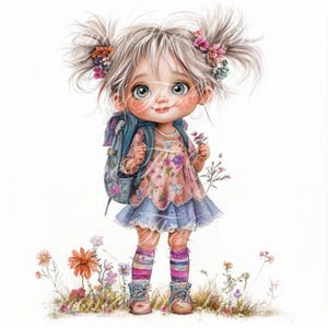 Cute School Girl Clipart, Backpack Girl 30 PNG, Floral Watercolour Girl Illustration, 300 DPI, Sublimation, Printable Art, Digital Download