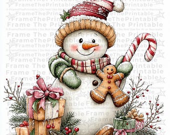 Christmas Snowman Clipart, Watercolor Winter PNG, Cute Gingerbread Holiday Graphics, Vintage Festive Art