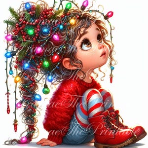 Christmas Girl Clipart, Holiday Hair Lights Art, Cute Winter Cartoon Girl PNG, Festive Illustration Set, 22 PNG Files, High Resolution Art