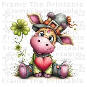 May include: A whimsical illustration of a giraffe-like creature wearing a hat and holding a heart. The giraffe has pink spots, a pink nose, and blue eyes. It wears a green outfit with orange flowers and gray pants. A four-leaf clover is on the left.