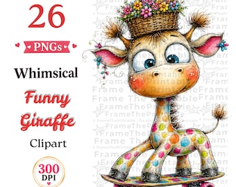 26 Cute Giraffe PNGs, Watercolor Giraffe Clipart Set, Baby Safari Animals, Whimsical Nursery Sublimation Designs