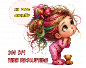 Adorable bebé niña con osito de peluche, paquete de acuarelas para niña, 14 imágenes de alta resolución para habitación infantil, imágenes prediseñadas digitales de bebé niña con un toque de fantasía para uso comercial.