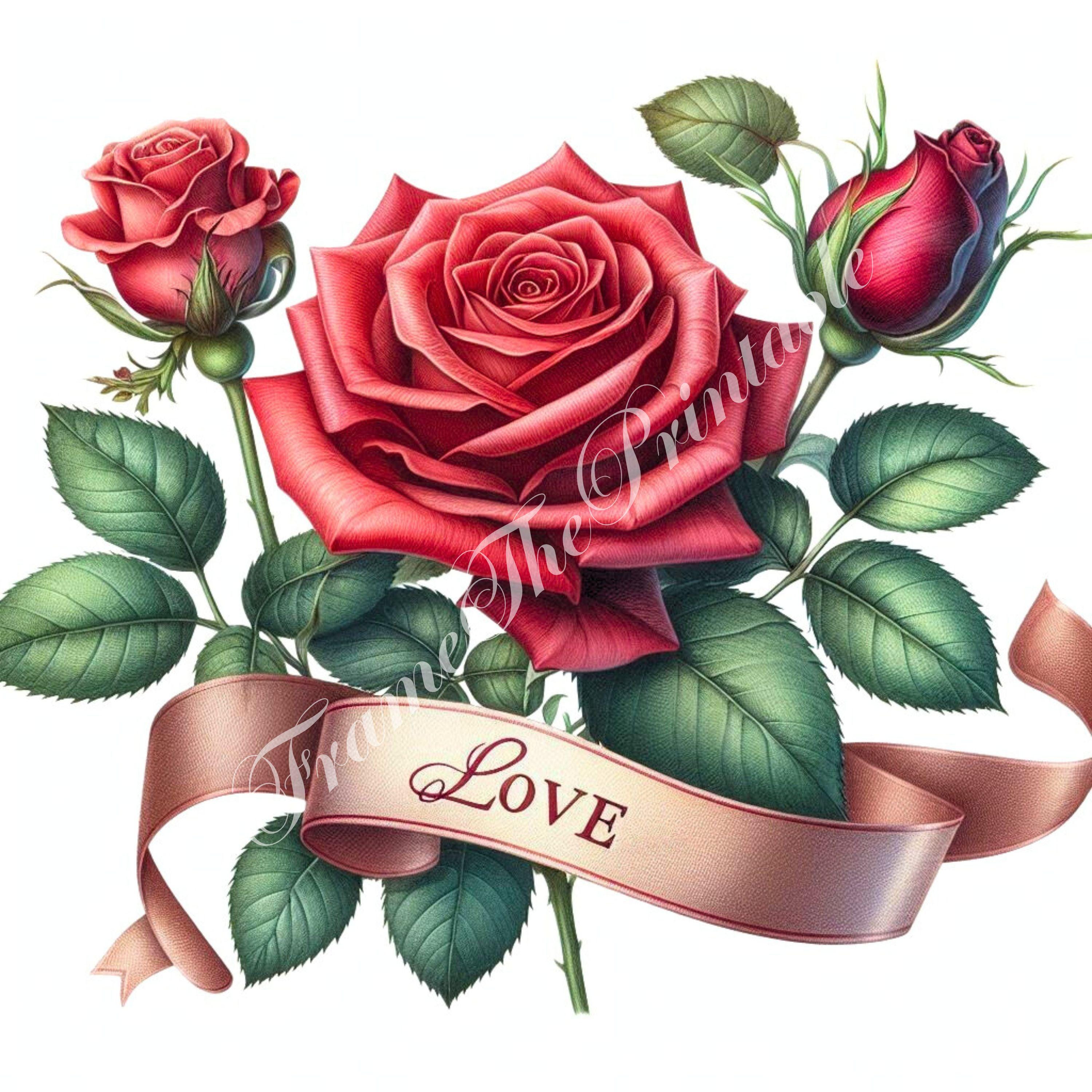 12 Red Roses with LOVE Clipart, Whimsical Flower Clip Art for Cards, Journaling, Digital Download Images, Printable Flower, Commercial Use