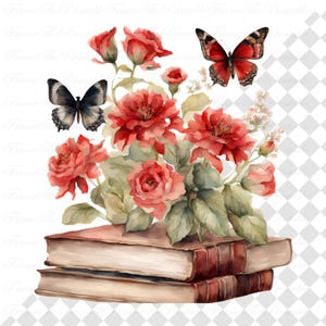 Vintage Floral Book Stack Clipart Transparent PNG Flowers And Books Watercolour Illustration For Cards Scrapbooking Journals Craft