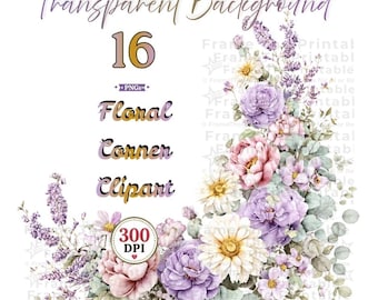 Watercolor Floral Frame Clipart: 16 Purple & Pink Botanical Flower PNGs