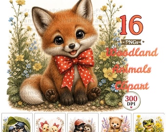 Floral Animal Clipart Bundle, 16 Cute Spring Woodland and Farm Animal PNGs for Scrapbooking and Sublimation