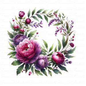 Couronne de pivoine fleurs violettes Clipart, bouquet de mariage vintage Bundle, Art floral aquarelle, Collection numérique pour cartes PNG 300 DPI