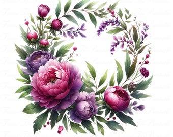 Peony Wreath Purple Flowers Clipart, Wedding Bouquet Vintage Bundle, Watercolour Floral design Art, Digital Collection for Cards PNG 300 DPI