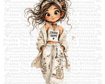 10 Boho Girl Clipart, Inspirational Quotes, Bohemian Fashion PNG Bundle