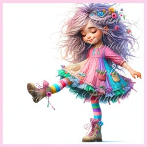 Quirky Cute Rainbow Girl Clipart Commercial Use Whimsical Ephemera PNG Fantasy Junk Journal Paper Craft Downloads Cute Doll Printable Image