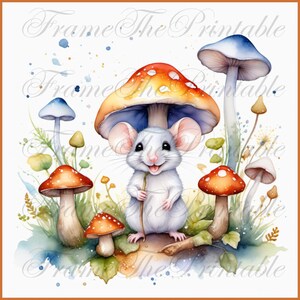 Clipart souris mignon, animaux rigolos avec livre, souris sur champignon, illustrations aquarelle, 16 JPG, petit animal, illustrations de chambre d'enfant