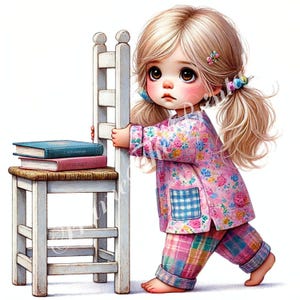 Quirky Little Girl with a Chair and Book Clipart Whimsical Ephemera Commercial use Watercolour High-Res JPG Fantasy Junk Journal Paper Craft