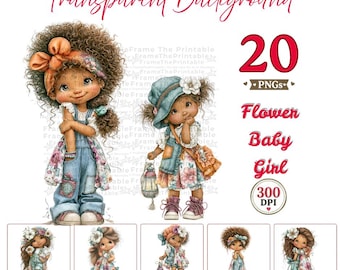 Flower Baby Girl Clipart Bundle, Cute Boho Kids PNG, Curly Toddler Watercolor, Floral Children, 20 Transparent Digital Download
