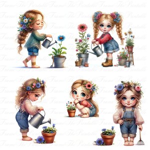 May include: Digital illustration featuring several young girls with floral crowns and watering cans, tending to potted flowers. The girls are dressed in denim shorts and overalls, with colorful flowers and plants in the scene.