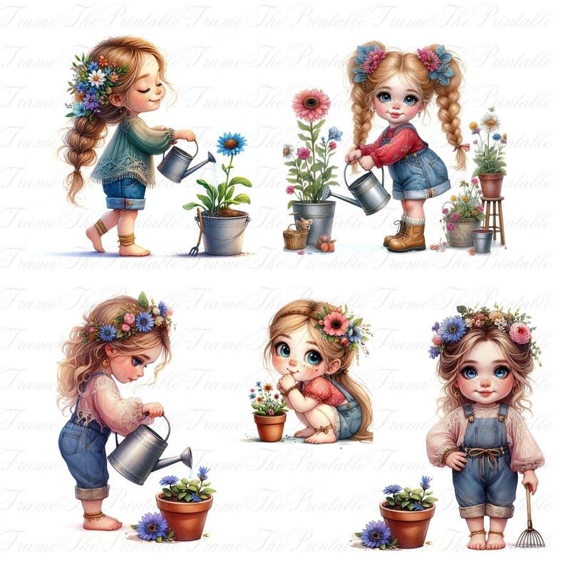 May include: Digital illustration featuring several young girls with floral crowns and watering cans, tending to potted flowers. The girls are dressed in denim shorts and overalls, with colorful flowers and plants in the scene.