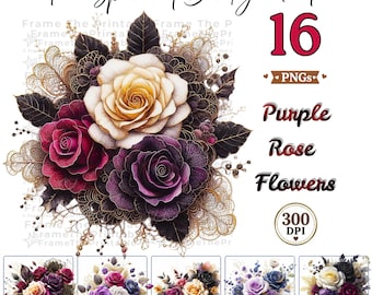 Purple Rose Clipart PNG Bundle, Watercolor Floral Bouquet Clipart, Transparent Background Flowers, Vintage Gold Botanical, 16 PNG, 300 DPI