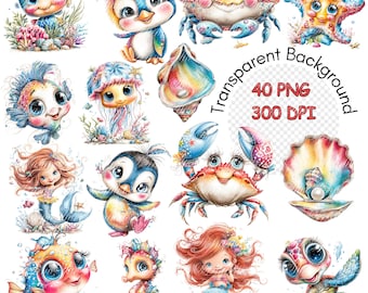 Onder de zeedieren Clipart 40 PNG 300 DPI grillige oceaanwezens leven kwallen schildpad vis zeemeermin transparant voor ambachten en subliem