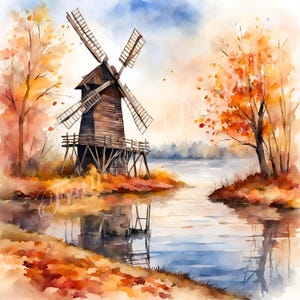 Oude windmolen en rivierlandschap clipart, bos herfst scène hoge resolutie 300 dpi-afbeeldingen, aquarel illustratie, muur kunst digitale set