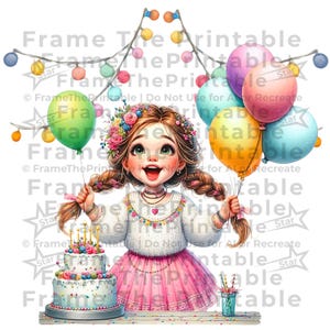 Whimsical Birthday Girl Clipart: Floral Cake and Balloons Illustrations for Cards and Crafts Digital Download