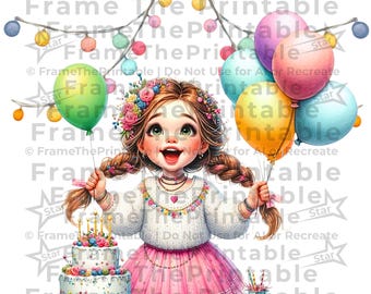 Whimsical Birthday Girl Clipart: Floral Cake and Balloons Illustrations for Cards and Crafts Digital Download
