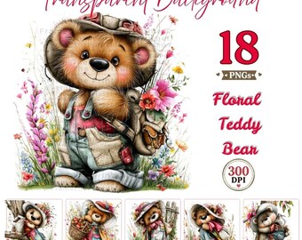 Floral Teddy Bear Clipart PNG Bundle, Cute Teddy Bear Bundle, Nursery Graphics, Woodland Baby Animals, Transparent PNG, Instant Download