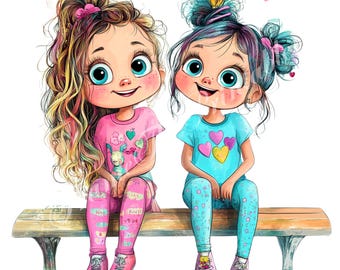 Quirky Girls Friends Clip Art High Res Watercolour Art 300 DPI JPGs Junk Journaling Scrapbook Card Making Digital Download Whimsical Fantasy