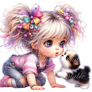 15 Jolie fille avec un chiot Clipart usage commercial éphémères PNG 300 DPI Fantasy Junk Journal Paper Craft Télécharger jolie poupée avec chien Transparent