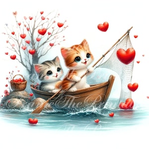 Imágenes prediseñadas de gatitos adorables, gatos navegando por el río Corazón, gatos enamorados en acuarela, 10 imágenes JPG de alta resolución, creación de tarjetas y registro de artículos basura