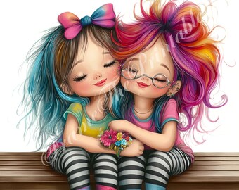 16 imágenes prediseñadas de amigas divertidas y originales, paquete de acuarelas, diario de fantasía, álbum de recortes, tarjetas digitales, chicas caprichosas, descarga